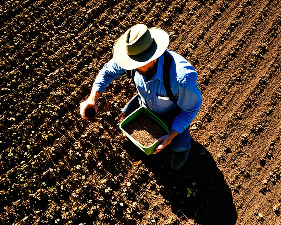 Semeador espalhando sementes em solo fértil